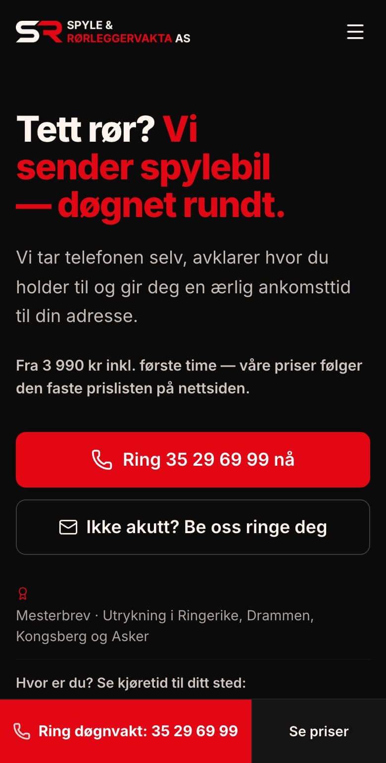 Forsiden til Spyle & Rørleggervakta på mobil